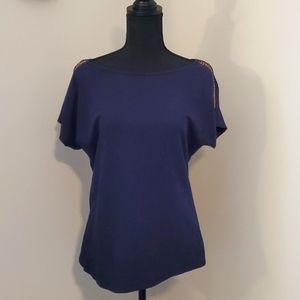 Michael Kors Ladies Short Sleeved Top, Medium, Blue With Gold Embellishments